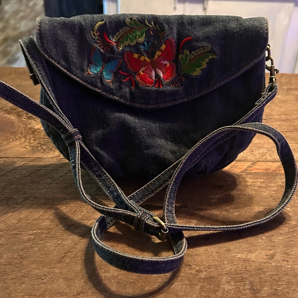 Embroidered Denim Crossbody Bag